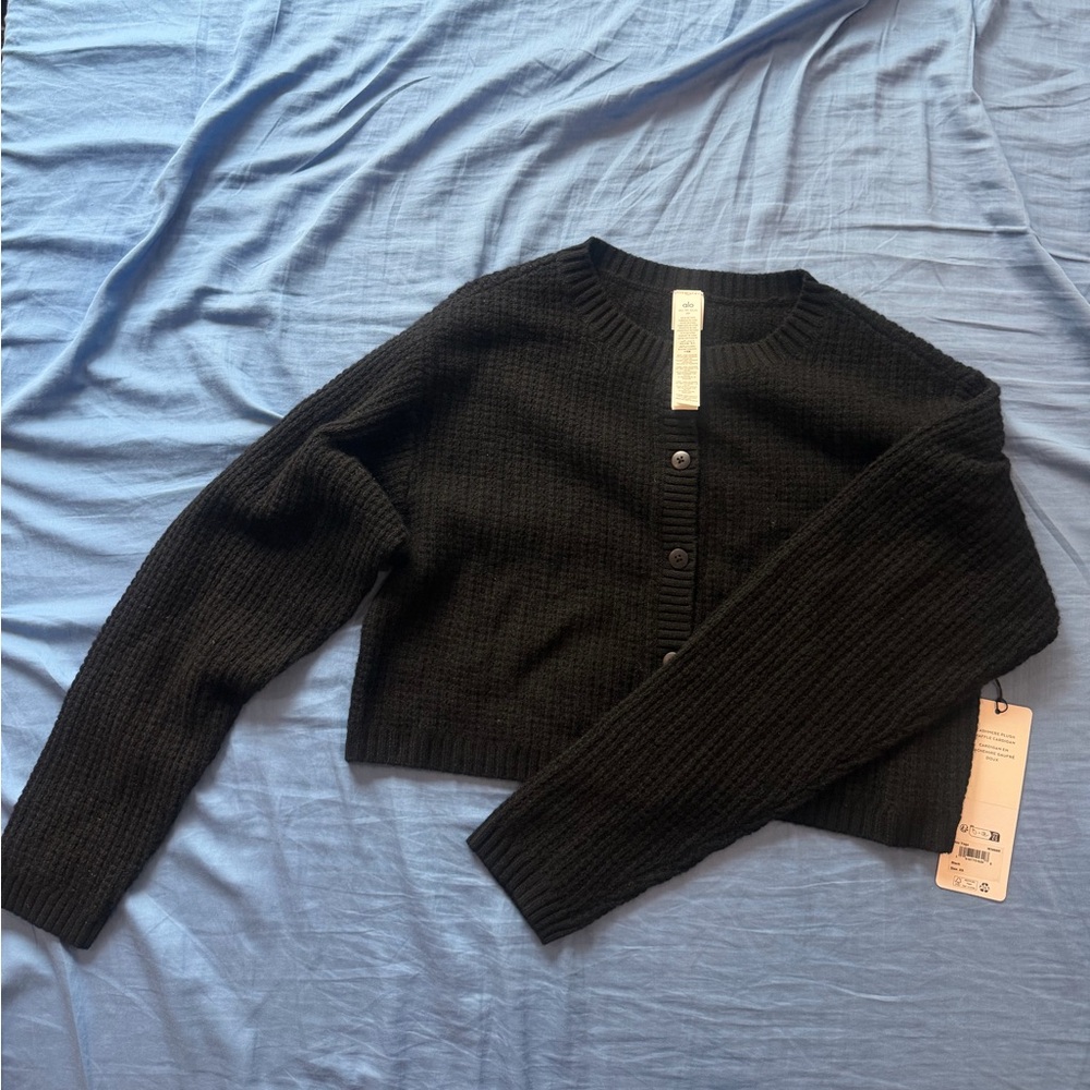 alo black cashmere waffle crop cardigan